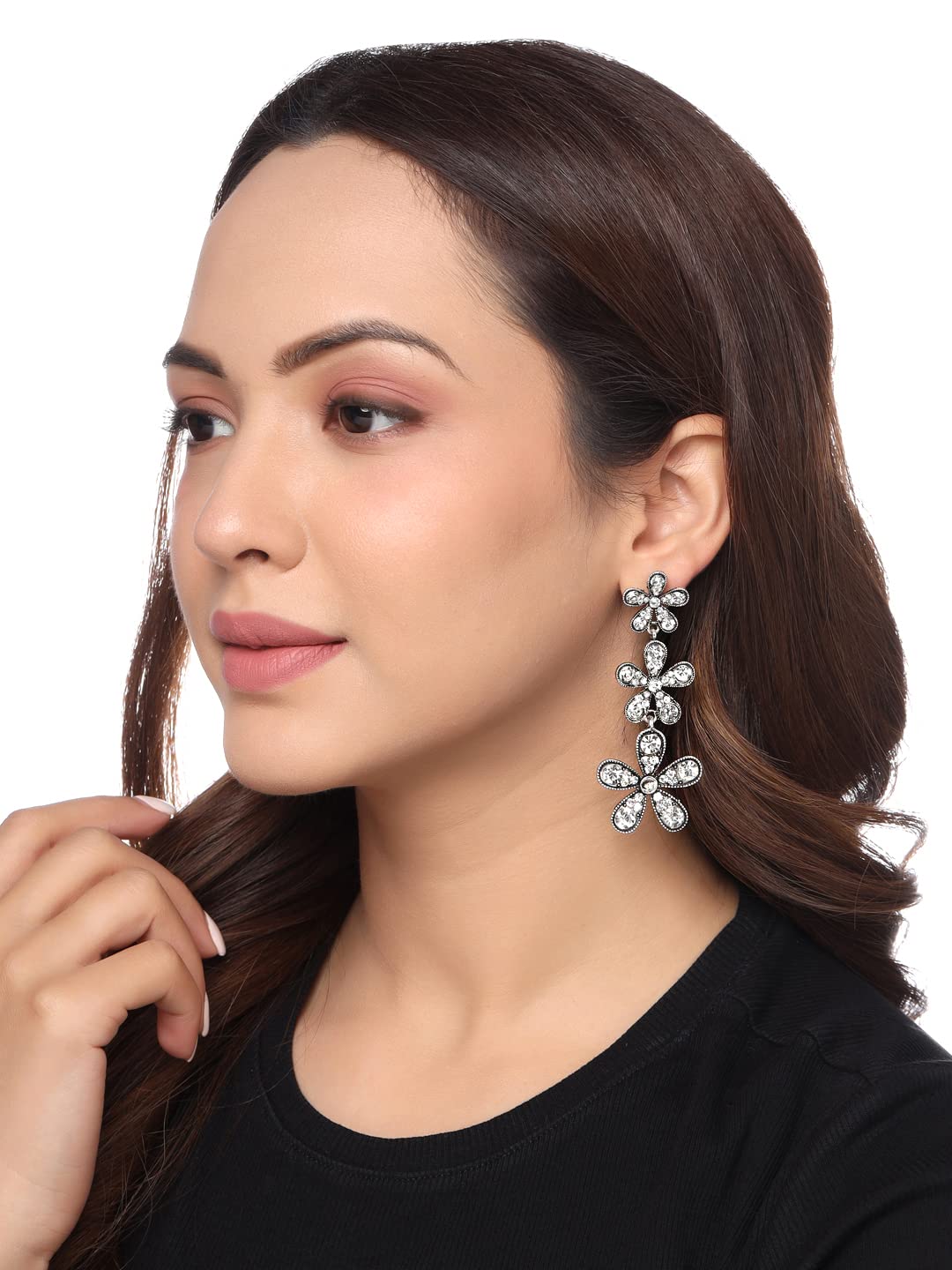 Oxidised Flower Crystal Dangler Earrings